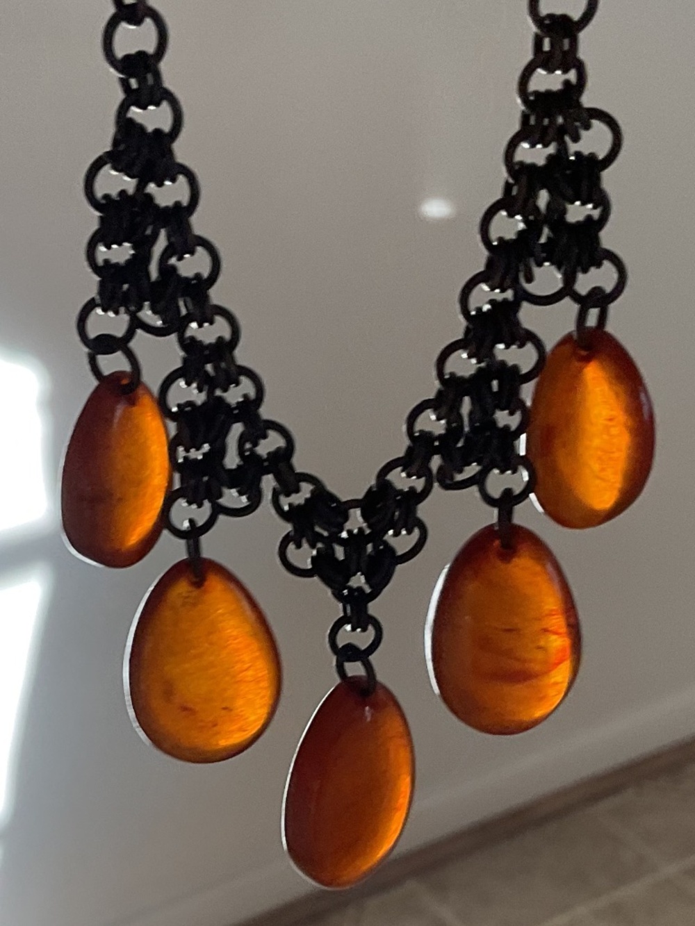 NWOT Genuine Amber Hand made Hammered Metal Beautiful Necklace